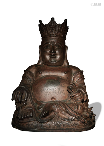 Chinese Bronze Crowned Budai, Ming