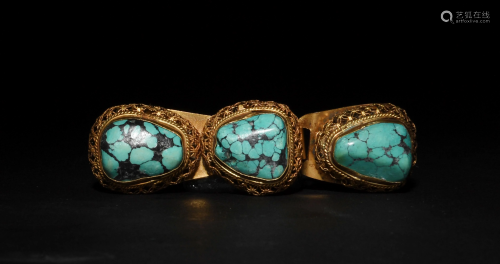 Chinese Gilt Bronze Belt Hook with Turquoise, 19th Cent
