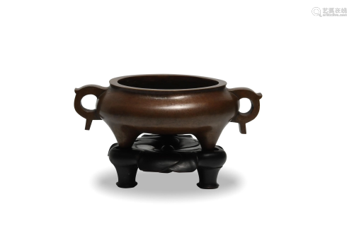 Chinese Bronze Censer with Wood Stand, 18th Century