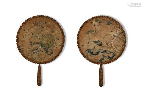 Pair of Chinese Round Canton Silk Fans, 19th Century