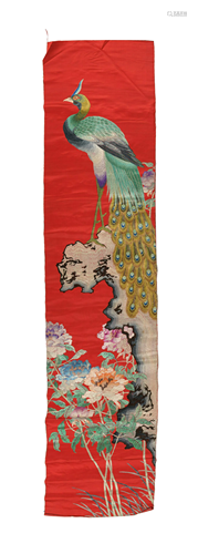 Chinese Red Silk Tapestry of a Peacock, Republic