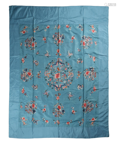 Chinese Embroidered Blue Tablecloth, 19th Century