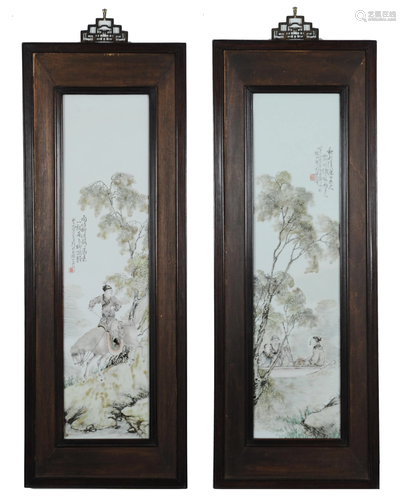 Pair of Famille Rose Porcelain Plaques by Wang Qi