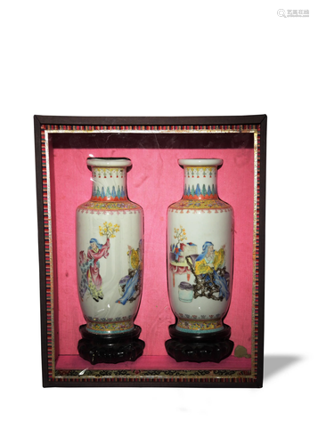 Pair of Chinese Famille Rose Vases with Old Box