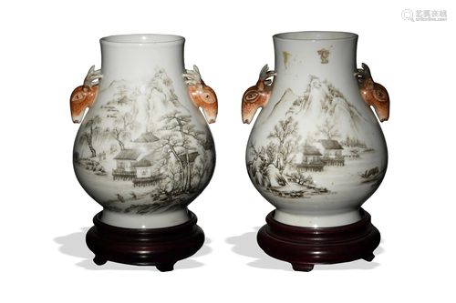 Chinese Pair of Landscape Hu Vases, Republic