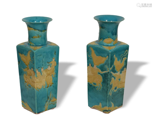 Pair of Chinese Sancai Square Vases, Late 19th Century