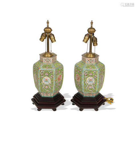 Pair of Chinese Famille Rose Lamps, Republic