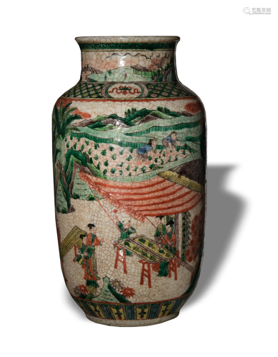 Chinese Ge Ground Wucai Rolwagen Vase, 19th Century