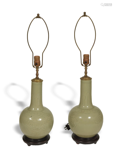 Pair of Celadon Vases made into Lamps, 19th Century