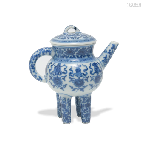 Chinese Blue and White Tripod Teapot, Republic