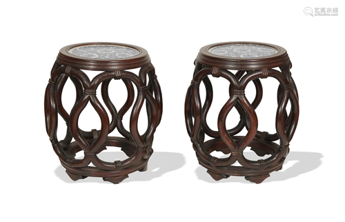 Pair of Hardwood and Porcelain Stools, Republic