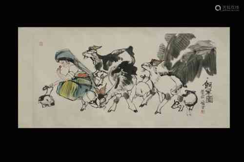 Cheng Shifa Inscription, Sheep Feeding, Flat Paper Painting