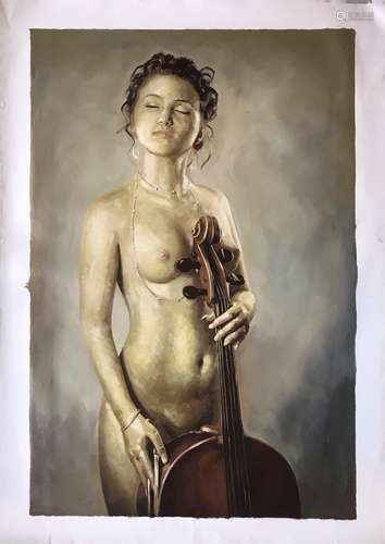 Oil Painting, Naked Girl and Cello