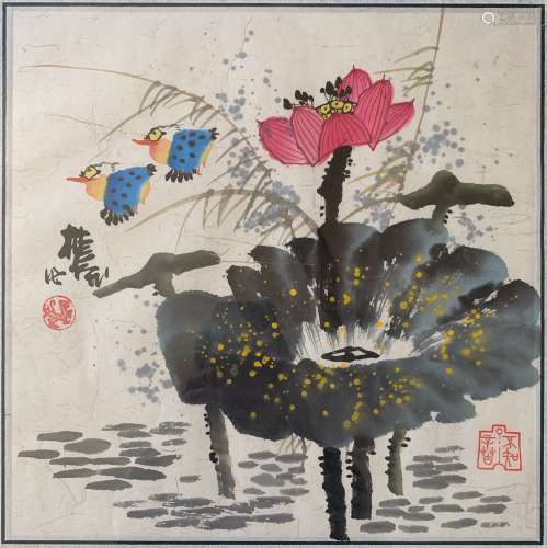 Lin Feng Inscription, Lotus and Kingfisher, Flat Paper Paint...