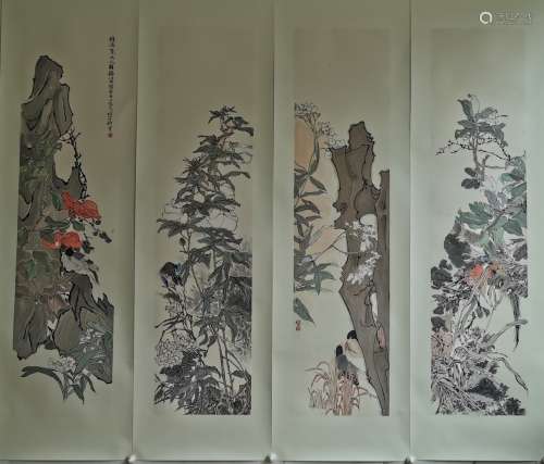 Ren Bonian Inscription, Flower and Bird, Flat Paper Painting...