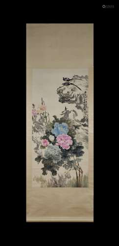 Cheng Zhang Inscription, Flower and Bird, Vertical Paper Pai...