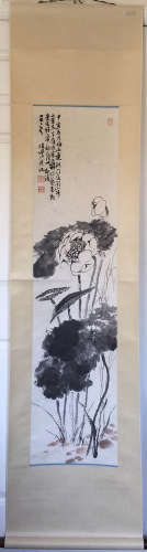 Lu Yanshao Inscription, Lotus, Vertical Paper Painting