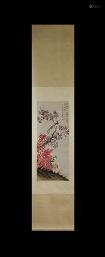 Li Qiujun Inscription, Flower and Bird, Vertical Paper Paint...
