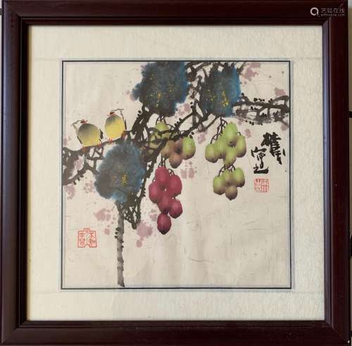 Lin Feng Inscription, Grape and Bird, Flat Paper Painting