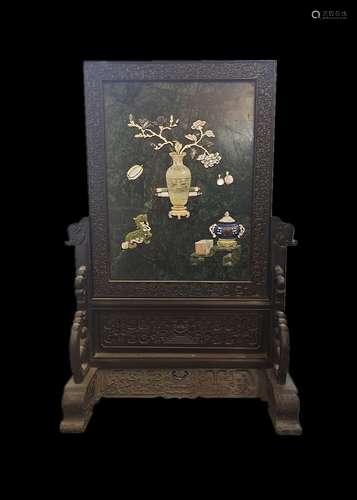 Inlaid Green Jade Bloody Sandalwood Screen