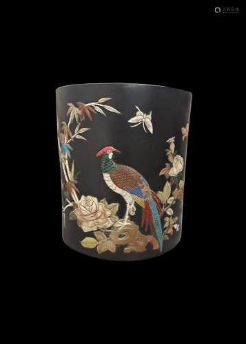 Flower and Bird Inlaid Bloody Sandalwood Brush Pot