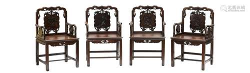 FOUR CHINESE CLASSICAL HONGMU ARMCHAIRS SET (Y)