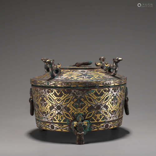 A Chinese Gold and Silver Inlaid Bronze Box and Cover