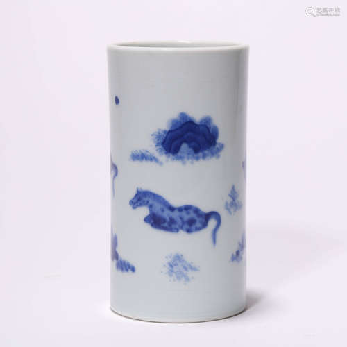 A Chinese Porcelain Blue and White Horse Pattern Brush Pot