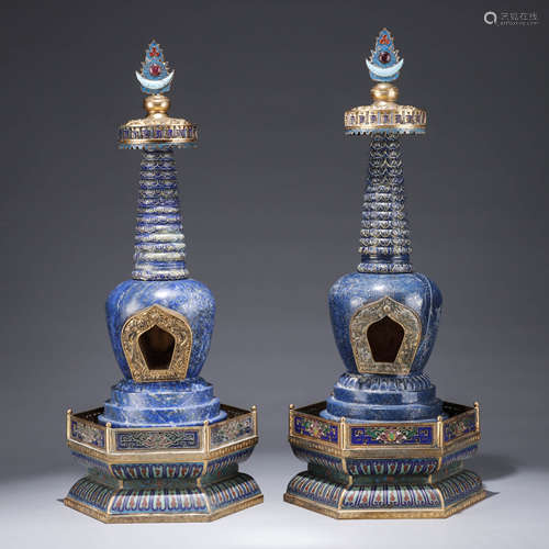 A Pair of Chinese Cloisonne Enamelled Lapis Towers Marked Qi...