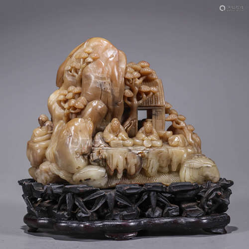 A Chinese Soapsone Carving of Mountains and Stand