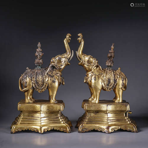 A Pair of Chinese Gilt-Bronze Elephants