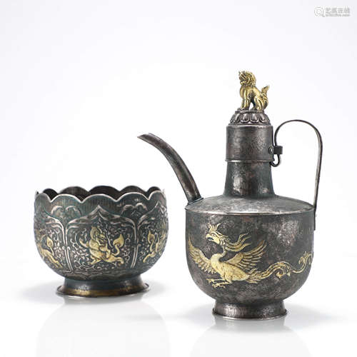 A Chinese Silver Gilding Phoenix Kettel and Bowl