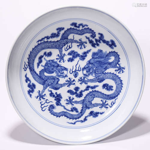 A Chinese Porcelain Blue and White Dragon Pattern Dish Marke...