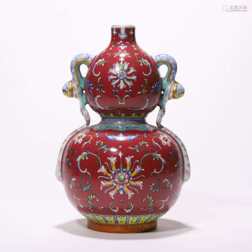 A Chinese Porcelain Famille-Rose Double-Gourd Vase Marked Qi...