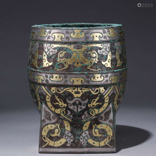 A Chinese Gold and Silver Inlaid Bronze Dragon Cup