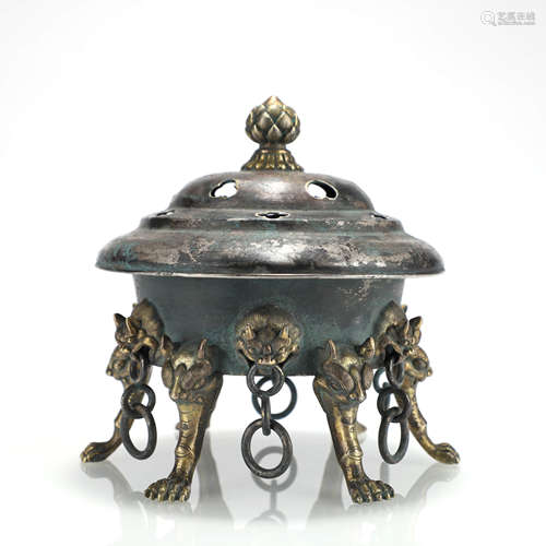 A Chinese Silver Gilding Beast Pattern Censer