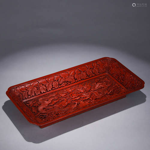 A Chinese Cinnabar Dragon and Pearls Pattern Dish