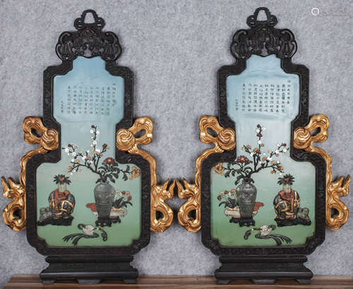 A Pair of Chinese Wooden Imperial Poems Wall Screens Inlaid ...