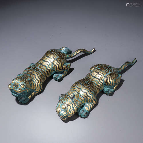 A Pair of Chinese Gold and Silver Inlaid Bronze Tigers