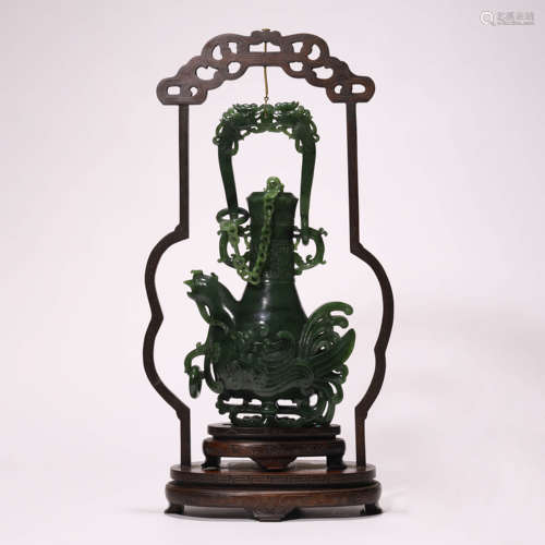 A Chinese Spinich-Green Jade Vase and Stand