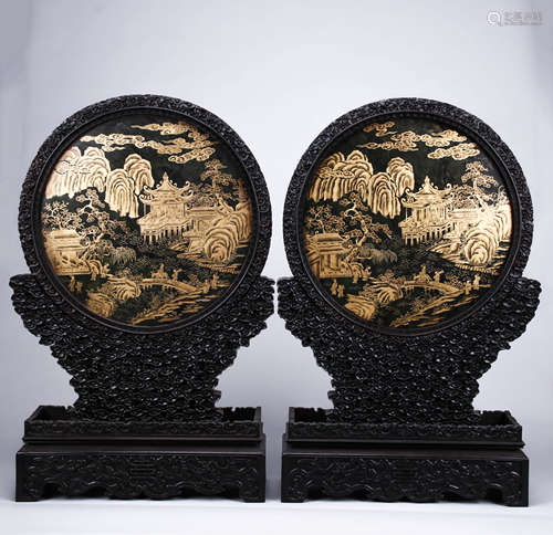 A Pair of Chinese Zi Tan Carving of Table Screens Inlaid wit...