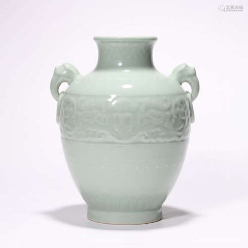 A Chinese Porcelain Celadon-Glazed Vase Marked Qian Long