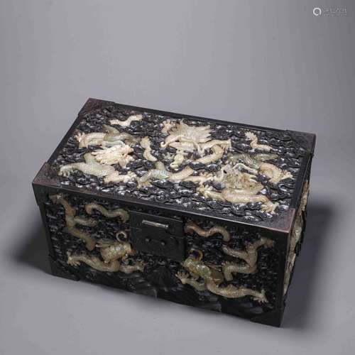 A Chinese Zitan Box and Cover Inlaid with Jade