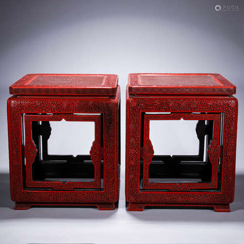 A Pair of Chinese Cinnabar Interlock Branches Stools