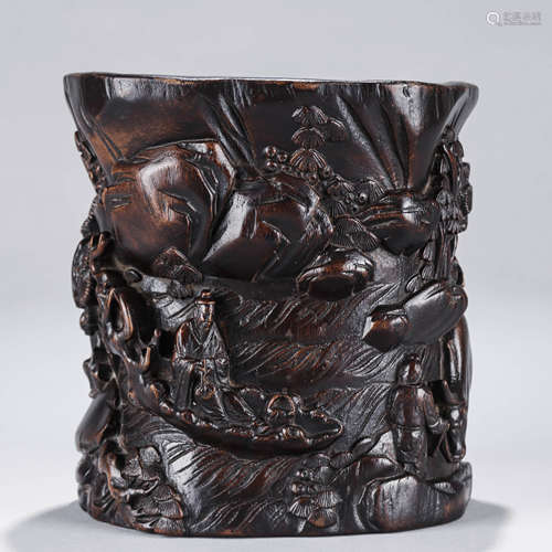 A Chinese Sandlewood Carving of a Brushpot