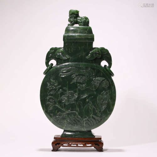 A Chinese Spinich-Green Jade Vase and Stand