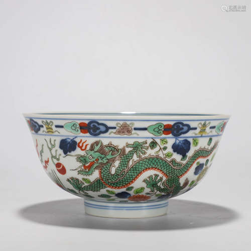 A Chinese Porcelain Wucai Dragon and Phoenix Bowl Marked Qia...