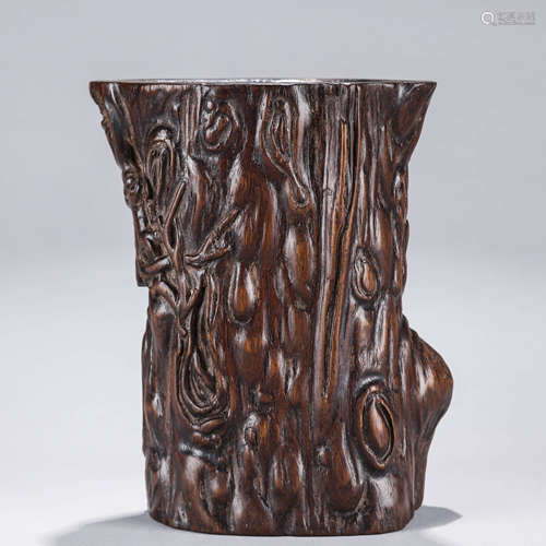 A Chinese Sandlewood Carving of a Brushpot