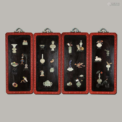 A Set of Chinese Lacquer Wall Screens Inlaid with Gems