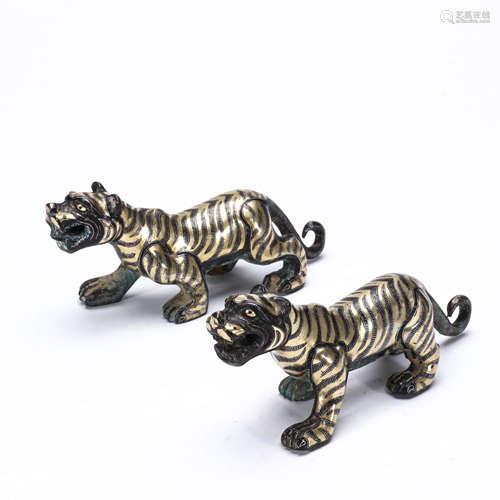 A Pair of Chiesne Gold and Silver Inlaid Tigers